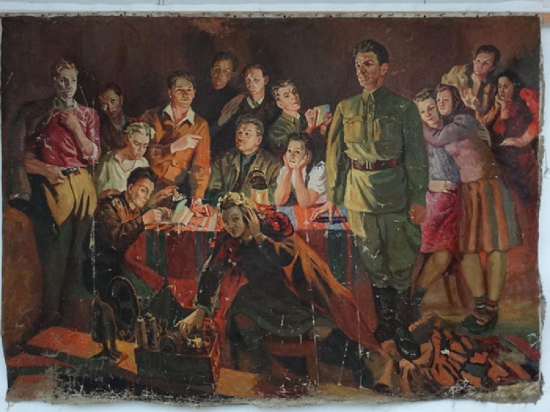 Soviet Union Propaganda, Oil on canvas, Message from: Soviet Union Propaganda, Oil on canvas, Message from the front heard by various including military soldier and family , reporter, radio operators etc. 53 x 74''