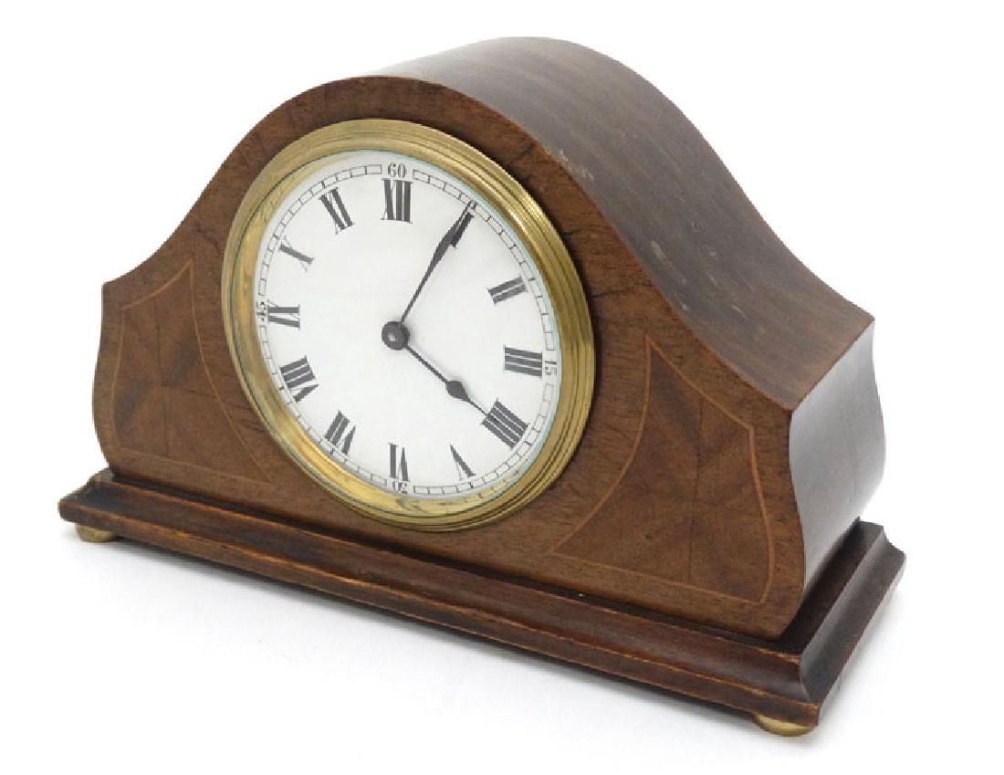 Buren mantle clock : a drum movement with platform: Buren mantle clock : a drum movement with platform escapement inlaid mahogany mantle clock , integral key wind movement, , the 3 3/8'' dial enamel dial having minute ring and Roman Numeral hours signe