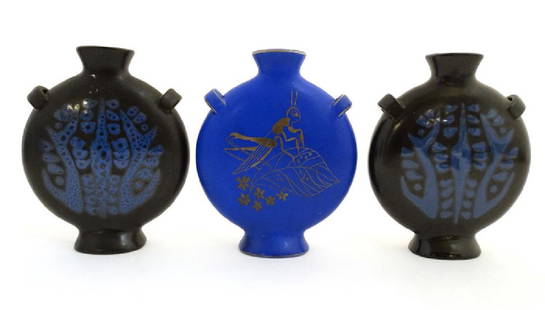 Scandinavian Pottery: A pair of c1930 Gefle moon vases: Scandinavian Pottery: A pair of c1930 Gefle moon vases by Lillemor Mannerheim in 'Singoalla' pattern together with a blue example decorated with a cricket , the blue vase bears factory stamp to base.