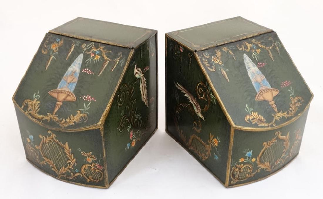 A pair of  21st toleware bow front shop canisters with (1 of 7)