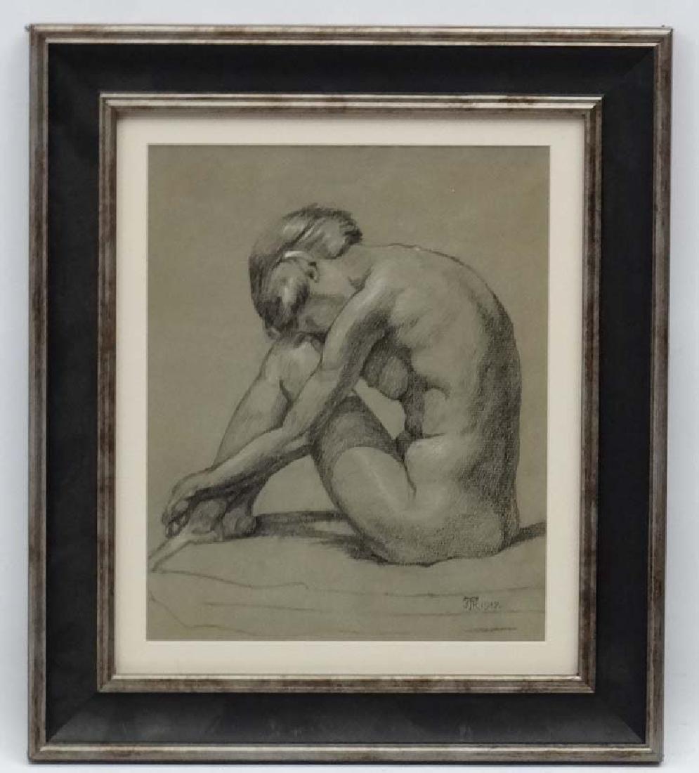 JTR monogram 1917, Charcoal and chalk, Nude Study,: JTR monogram 1917, Charcoal and chalk, Nude Study, Monogrammed and dated under lower right, Aperture 10 1/8 x 8 1/4''.