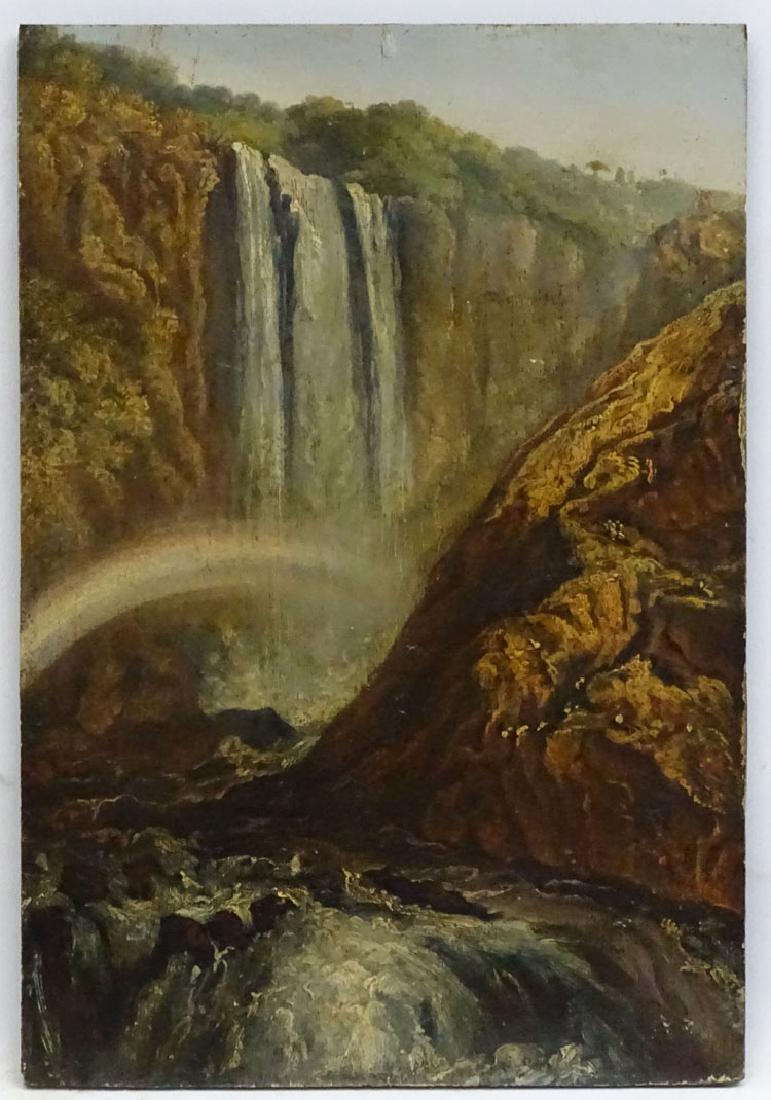 Follower of John Ruskin XIX, Oil on field oak Panel,: Follower of John Ruskin XIX, Oil on field oak Panel, The Rainbow at the waterfall, a gorge and river torrent. 11 x 7 1/2''