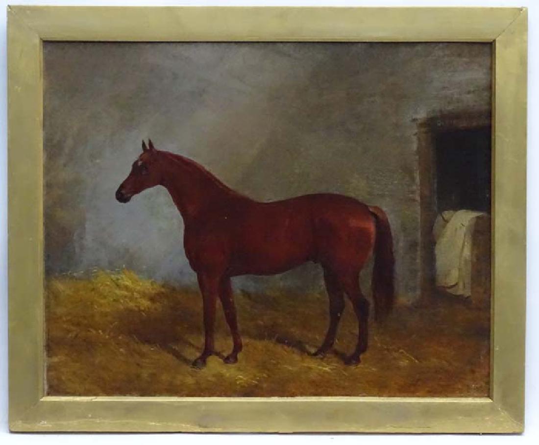 John Duvall [Ipswich ] (1816-1892) Equine School, Oil: John Duvall [Ipswich ] (1816-1892) Equine School, Oil on canvas, ' Dalesman ' portrait of a Chestnut horse in an interior, Signed lower right and titled to lintel on stable door. 16 x 20''