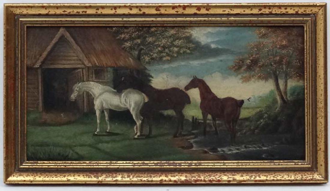 Early XIX Equine School, Oil on panel probably: Early XIX Equine School, Oil on panel probably mahogany, Sporting horses in a stream near a barn . A Grey , Bay and Chestnut Hunters with docked tails, 7 1/4 x 14 3/4''. Bears ' Sebastian d'Orsai Ltd