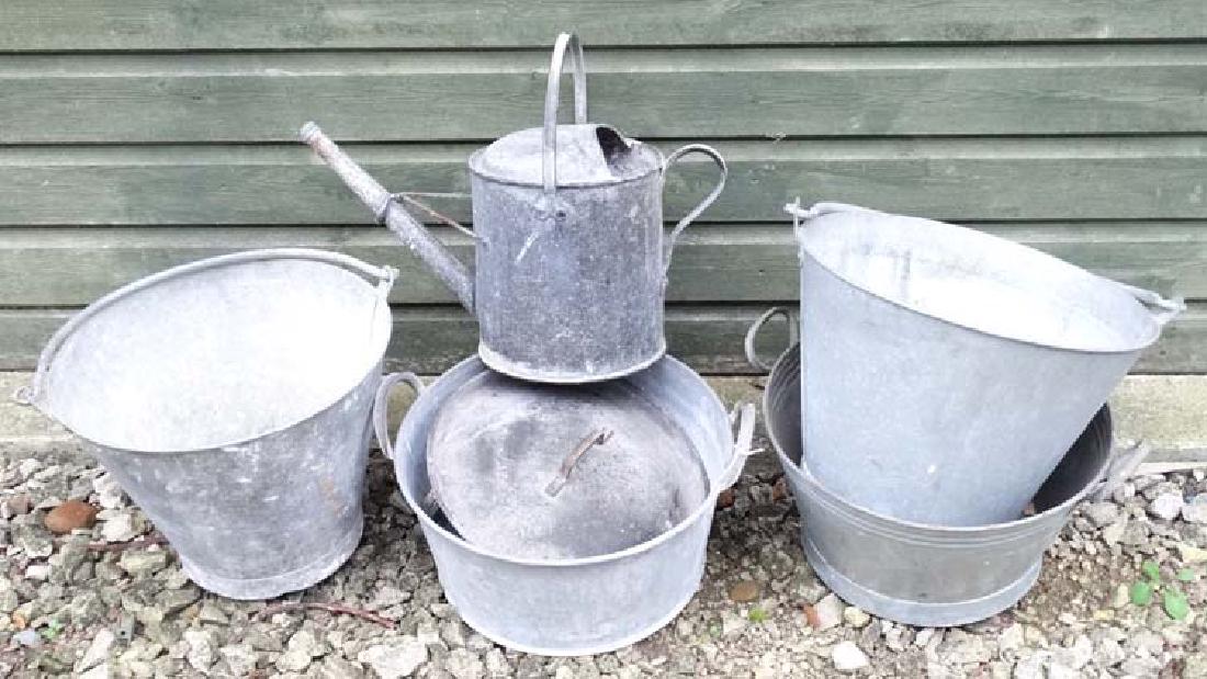 Garden and Architectural Salvage :a quantity of: Garden and Architectural Salvage :a quantity of galvanised garden items to include a watering can , 2 x buckets , 2 x 2 handled bowls etc.