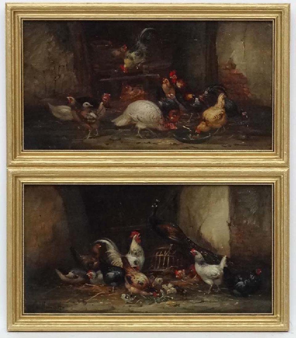 Claude Guilleminet (1821-1860) French, Oil on mahogany: Claude Guilleminet (1821-1860) French, Oil on mahogany fielded panel, Country house Fowl , a Peacock, Sussex and Australorp chickens etc. and chicks - together with Cockerals , Turkeys , hens and chic