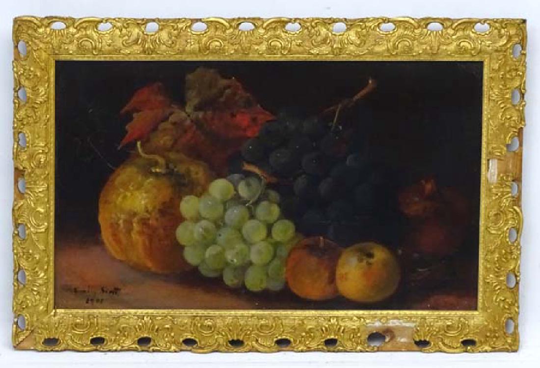 Emily Scott 1908, Oil on canvas, Sill life of fruit,: Emily Scott 1908, Oil on canvas, Sill life of fruit, Signed and dated lower left. 12 x 20''