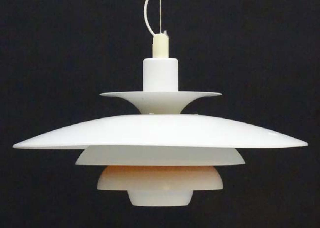 Vintage Retro : A Danish pendant light , Louis Polson: Vintage Retro : A Danish pendant light , Louis Polson style ,shade and 5 louvres ( one with burnt orange colouring under) , with cream livery , measuring 19'' diameter .