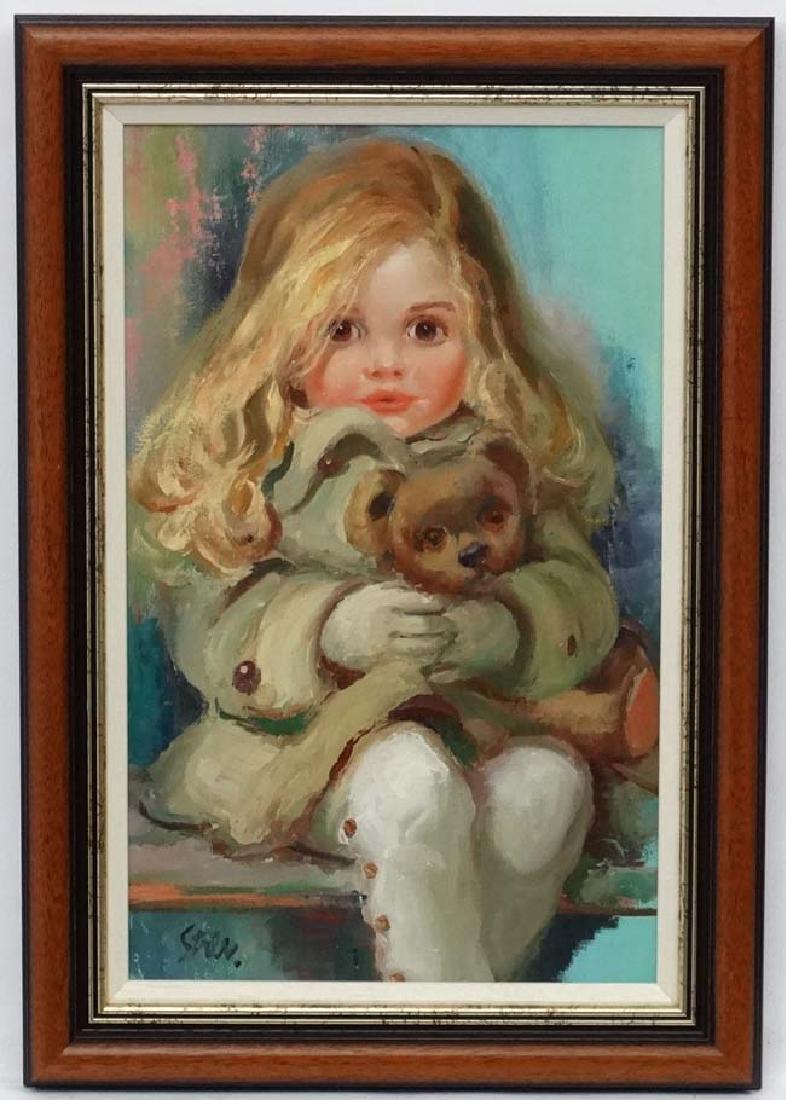 John Strevens ( 1902-1990), Oil on board, 'Matilda' a: John Strevens ( 1902-1990), Oil on board, 'Matilda' a young girl travelling holding her teddy bear, Signed lower left. 20 3/4 x 13 1/4'' Please note this lot may be subject to Artists re-sale rights.