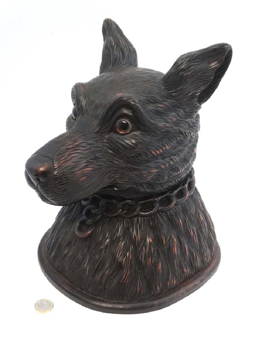 A large Black Forest table top box / tobacco jar: A large Black Forest table top box / tobacco jar formed as the carved head of a dog with glass eyes. 21stC 12'' high
