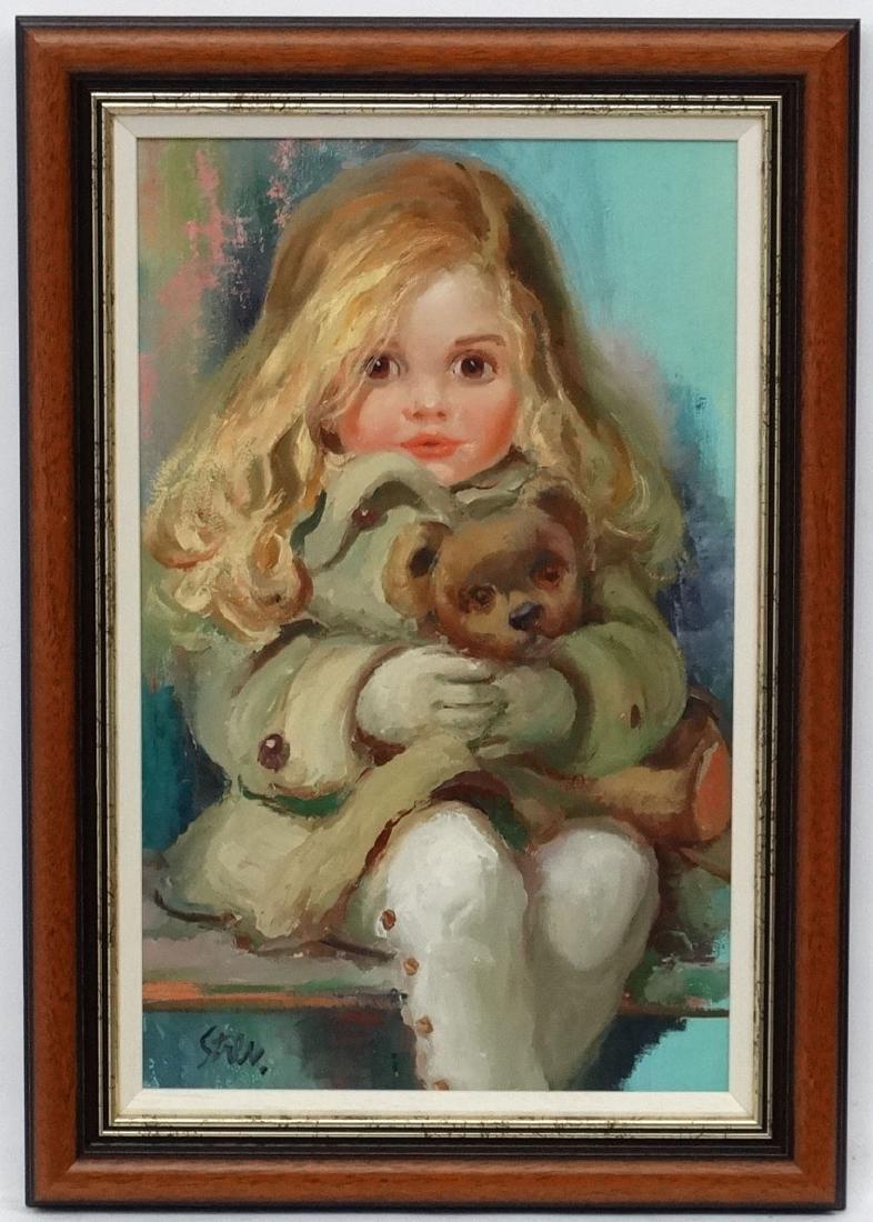 John Strevens ( 1902-1990), Oil on board, 'Matilda' a: John Strevens ( 1902-1990), Oil on board, 'Matilda' a young girl travelling holding her teddy bear, Signed lower left. 20 3/4 x 13 1/4'' Please note this lot may be subject to Artists re-sale rights.