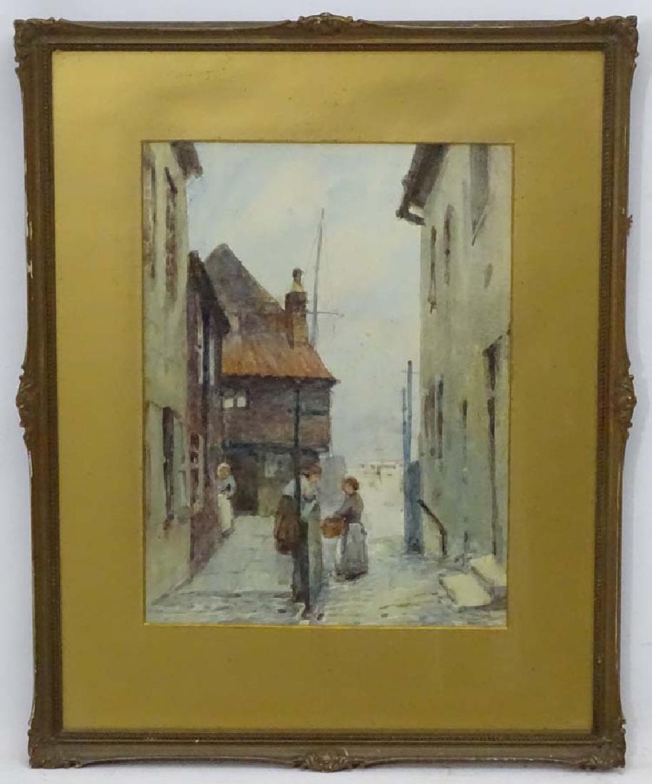 XIX-XX English School, Watercolour, Conversing figures: XIX-XX English School, Watercolour, Conversing figures in an old fishing village beside the sea, No visible signature, 14 x 10 1/2''
