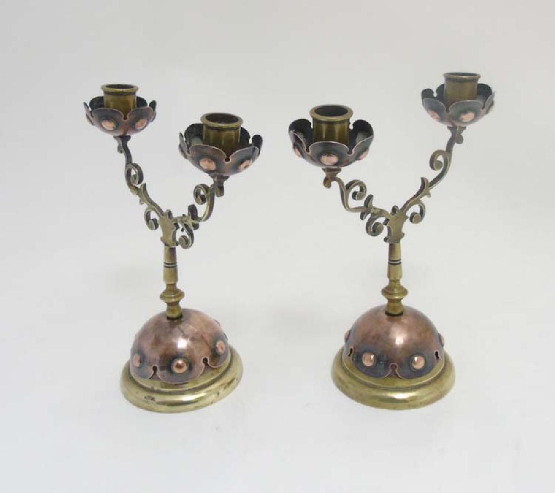 Arts and Crafts : Manner of WAS Benson - a pair of: Arts and Crafts : Manner of WAS Benson - a pair of 2-branch table candelabra of brass and copper 8 3/.4'' high