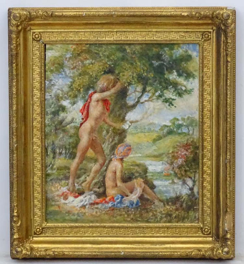 Follower of Henry Scott Tuke, c1930, Oil on board,: Follower of Henry Scott Tuke, c1930, Oil on board, Naked figures by a river , 14 1/4 x 12 1/4