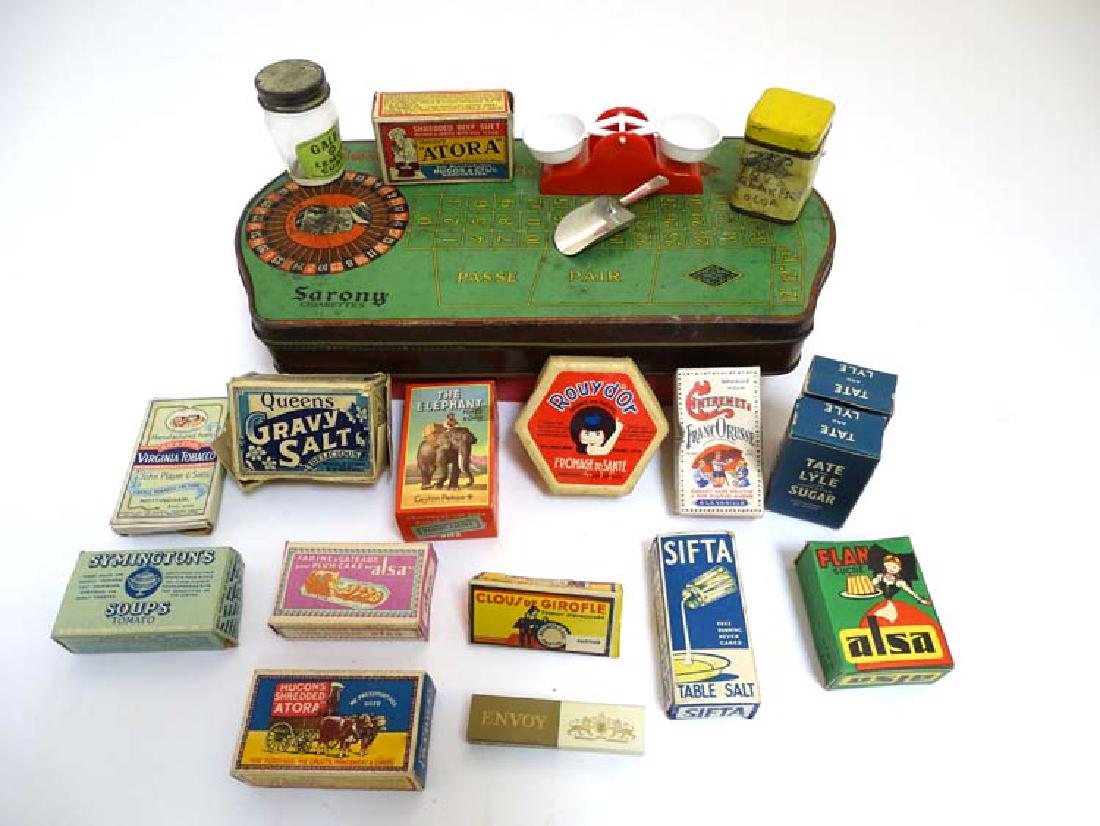 A quantity of small shop advertising boxes and items to: A quantity of small shop advertising boxes and items to include a 'Sarony cigarettes' casino roulette tin, 'Gale's Lemon curd' jar, 'Pearce Duffs Creamy Custard Powder', 'Players Navy Cut Cigarettes M