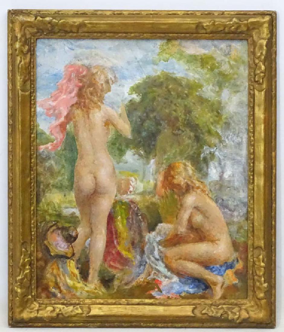 Follower of Henry Scott Tuke early - Mid XX, Oil on: Follower of Henry Scott Tuke early - Mid XX, Oil on board, Two naked figures in the country. 16 1/2 x 13 1/2''