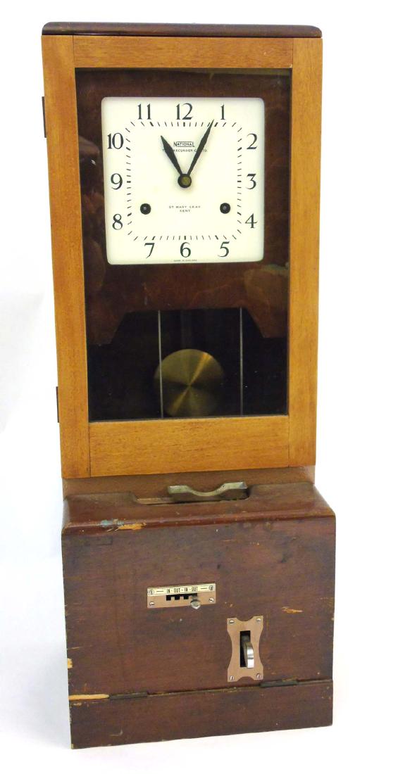 8 day Clocking Clock : ' National Time Recorder Co.: 8 day Clocking Clock : ' National Time Recorder Co. Ltd.' 8 1/2'' squared dialled 8 day mid 20thC mahogany cased wall timepiece , measuring 37 1/2'' high x 14 1/4'' wide.