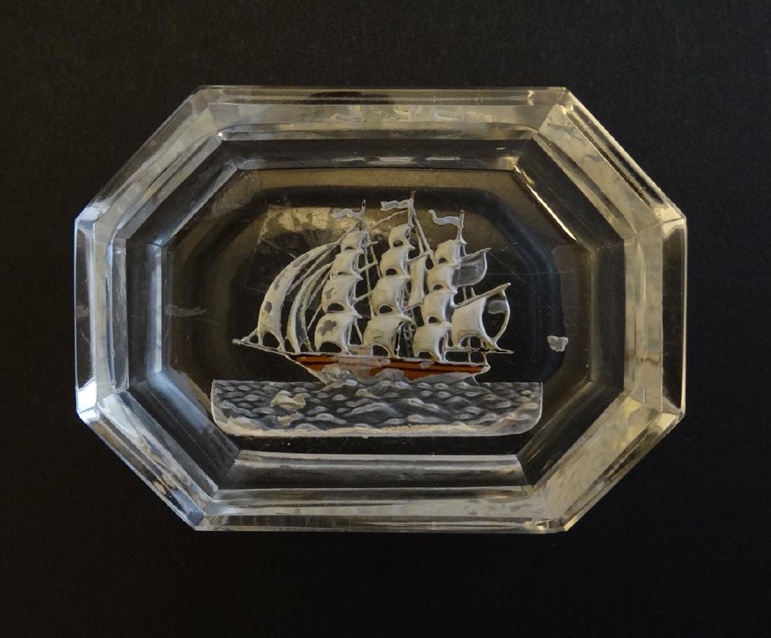 A 20thC Heinrich Hoffmann glass dish with intaglio tall: A 20thC Heinrich Hoffmann glass dish with intaglio tall ship decoration 2 3/4'' wide