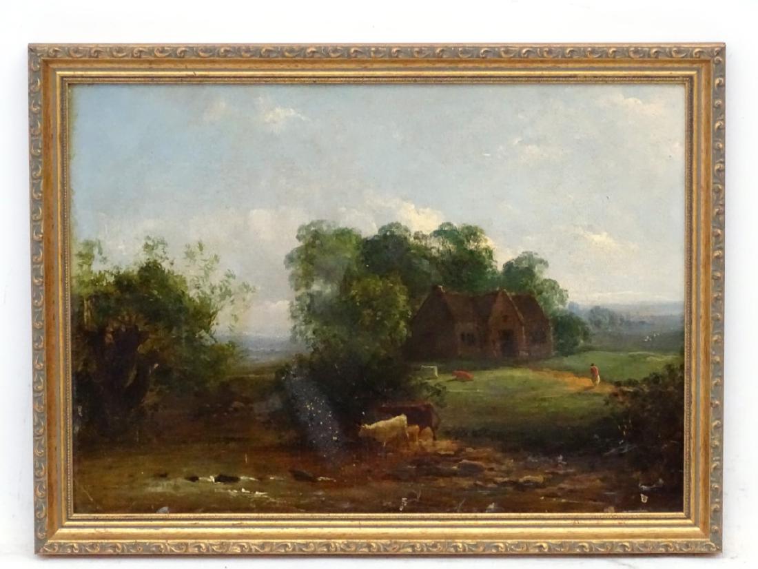 Attributed to Frederick Williams c. 1900, Oil on board,: Attributed to Frederick Williams c. 1900, Oil on board, Wooded landscape with cattle and cottage. 11 1/4 x 16''