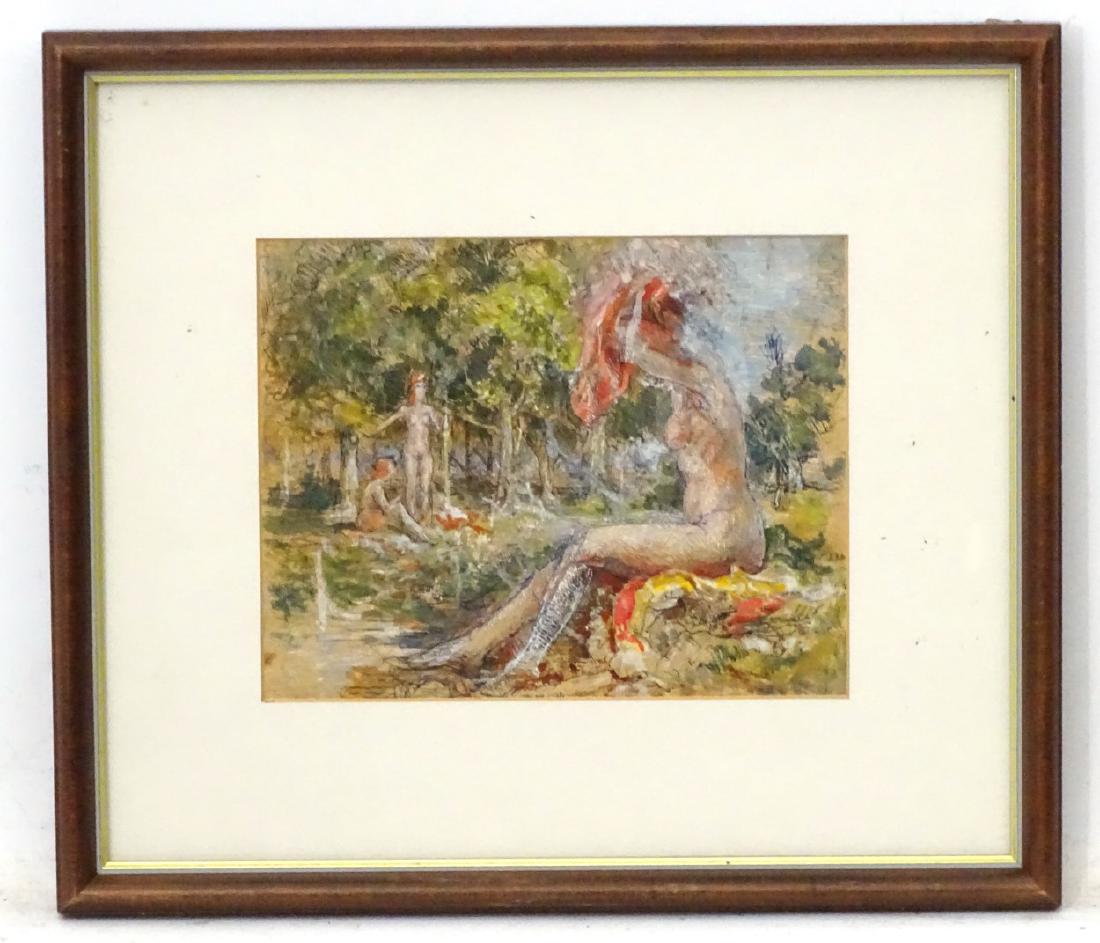 Follower of Henry Scott Tuke XX, Mixed media, Naked: Follower of Henry Scott Tuke XX, Mixed media, Naked female bathers by pool. 5 7/8 x 7''