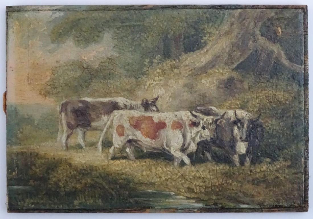 Manner of James Ward XIX, Miniature oil on fielded: Manner of James Ward XIX, Miniature oil on fielded mahogany panel, Three cattle watering besides a river, Bears indistinct initials lower left, 2 1/2 x 3 3/4''