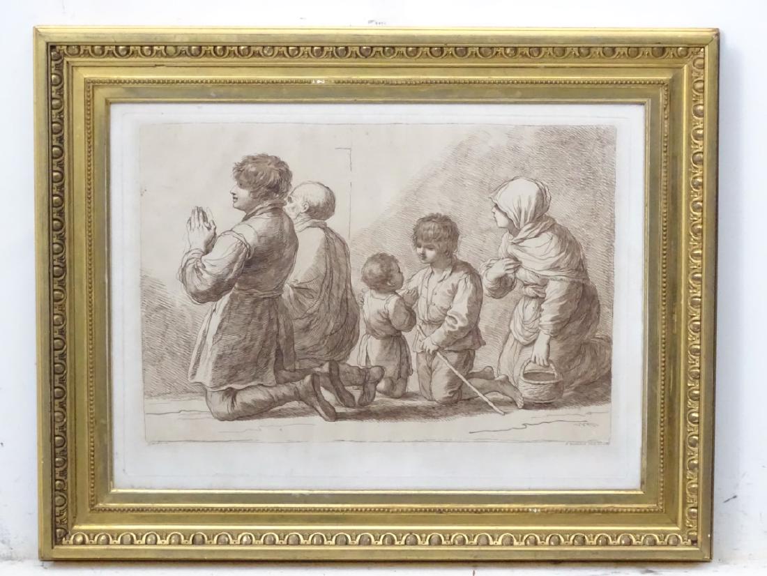 Francesco Bartolozzi (1728 - 1815), XVIII sepia: Francesco Bartolozzi (1728 - 1815), XVIII sepia engraving, A family at prayers ( after Guercino Giovanni Francesco Barberie [1591 - 1666] , Plate 16 3/4 x 16 1/2''.