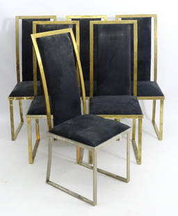 A set of six mid / late 20thC dining chairs in the: A set of six mid / late 20thC dining chairs in the manner of 'Michel Mangematin' with chrome frames and black upholstered seats and backrests. 19'' wide x 47'' high.