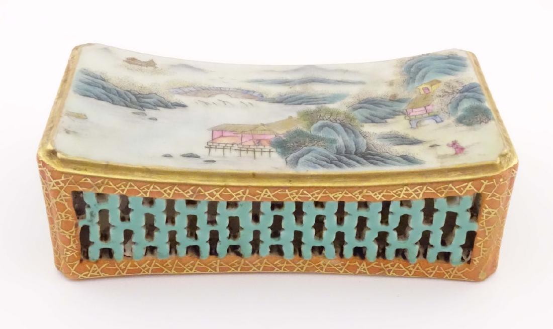 A Chinese famille rose headrest with a gently sloped (1 of 8)