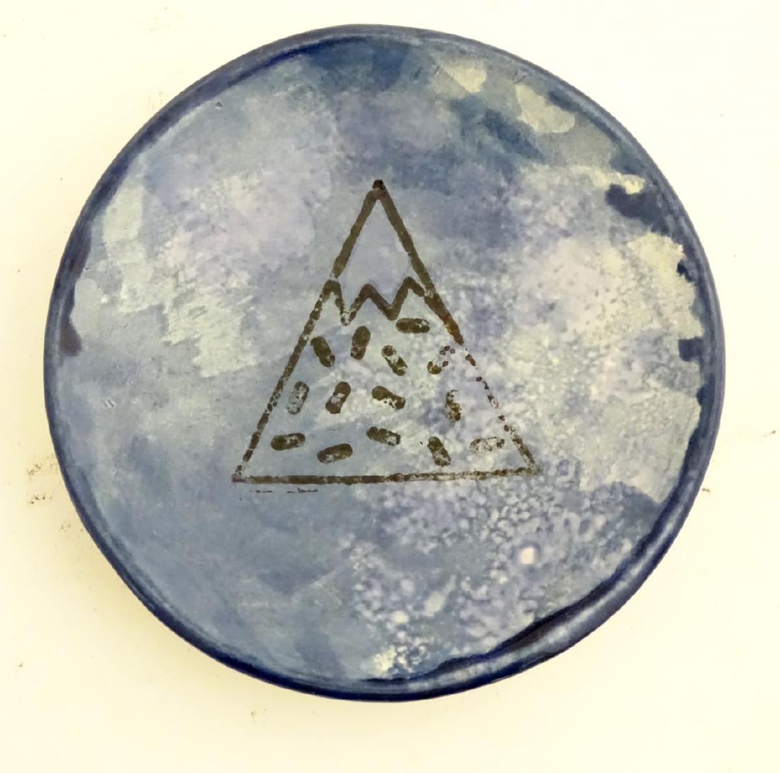 Minty Mountain: A local studio pottery small blue: Minty Mountain: A local studio pottery small blue glazed dish decorated with a stylised mountain. Width approx 4 1/2''