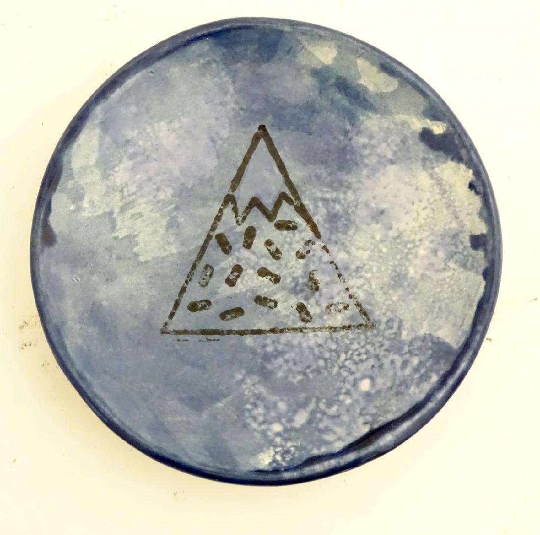 Minty Mountain: A local studio pottery small blue: Minty Mountain: A local studio pottery small blue glazed dish decorated with a stylised mountain. Width approx 4 1/2''