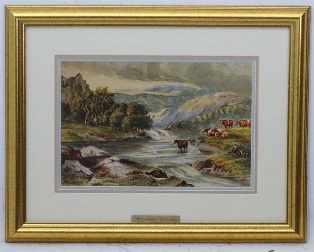 Circle of William Langley (1852-1922), Watercolour,: Circle of William Langley (1852-1922), Watercolour, Cattle watering at a highland river, Indistinctly signed lower right. 7 1/2 x 11 1/2''