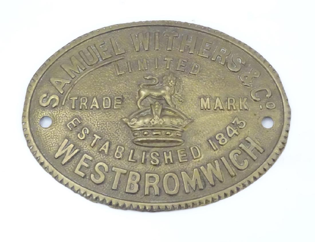 A 19thC safe plaque - embossed brass. Marked Samuel: A 19thC safe plaque - embossed brass. Marked Samuel Withers & Co. West Bromwich etc 5 1/2'' wide .