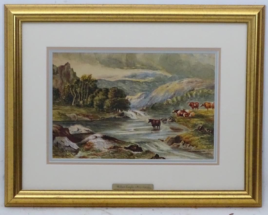 Circle of William Langley (1852-1922), Watercolour,: Circle of William Langley (1852-1922), Watercolour, Cattle watering at a highland river, Indistinctly signed lower right. 7 1/2 x 11 1/2''
