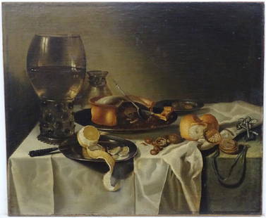 Circle of Willem Claesz. HEDA (1594-1681?), Dutch: Circle of Willem Claesz. Heda (1594-1681?), Dutch School, Oil on canvas laid on board, Still life with Gold Pocketwatch and lanyard with watchkey, keys, part peeled citrus fruit and archetypal rummer