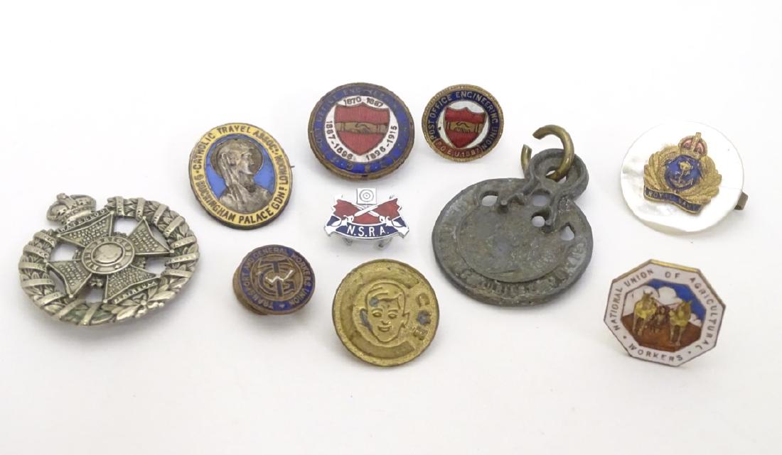 Assorted badges / pins / brooches etc to include: Assorted badges / pins / brooches etc to include examples for ' National Union of Agricultural Workers', 'Transport and General Workers Union'. 'Post Office Engineering Union' ' Catholic Travel Assoc.