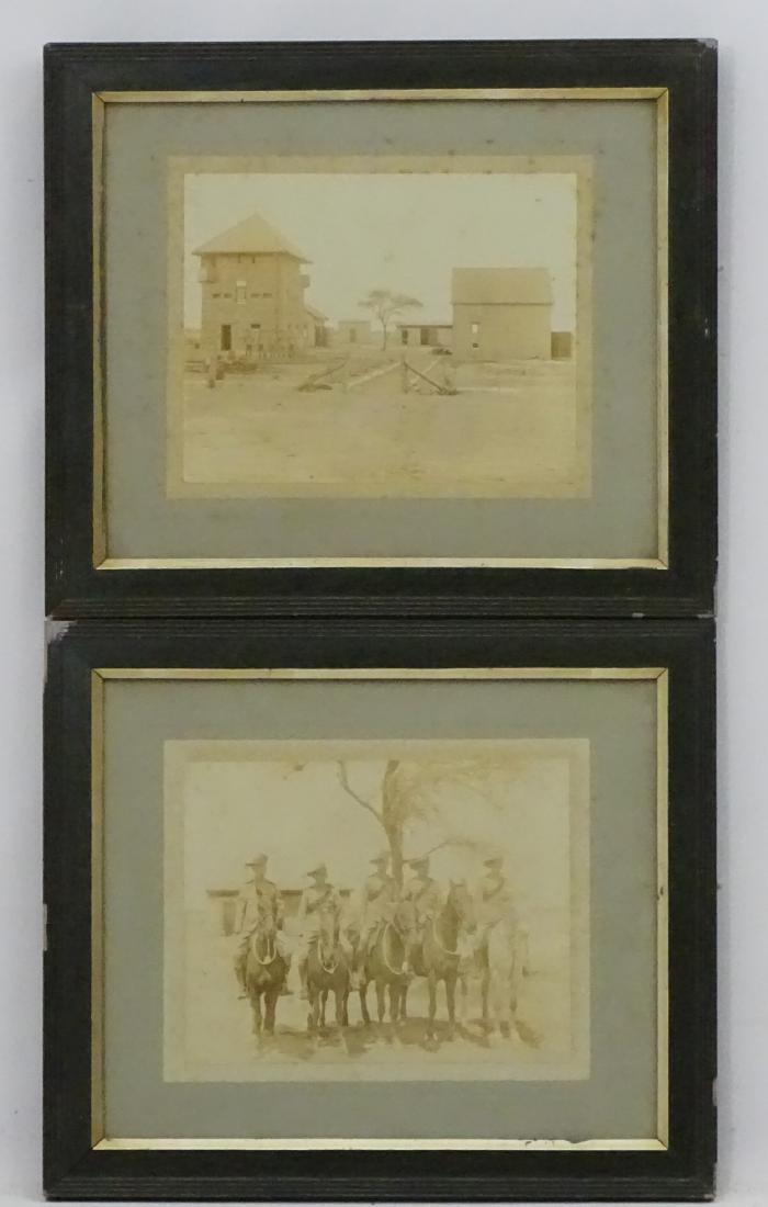 Militaria : Two framed sepia Photographs of Boer War: Militaria : Two framed sepia Photographs of Boer War subjects , comprising a depiction of five Cavalry soldiers on horseback and a view of barracks and stables . Apertures 13 1/4'' x 11''