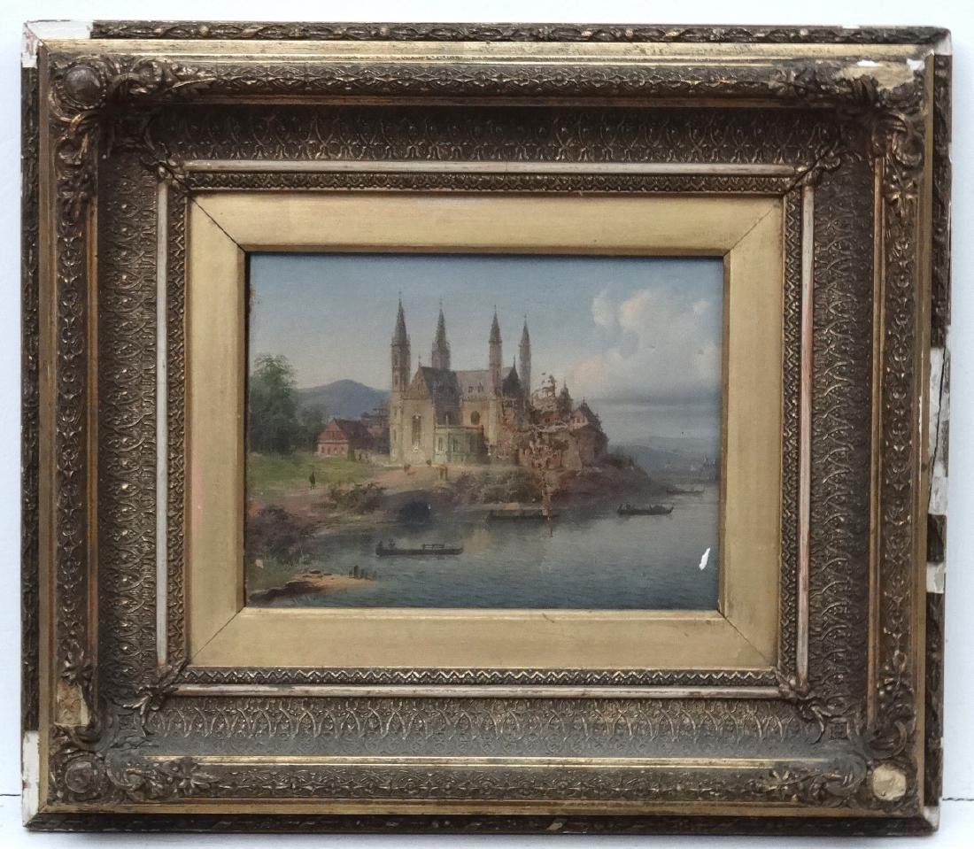 E W Junkowski ? XIX German / Polish, Oil on canvas, A: E W Junkowski ? XIX German / Polish, Oil on canvas, A Gothic church besides a lake/river, Signed lower left. 8 x 10'' In a deep gilt frame