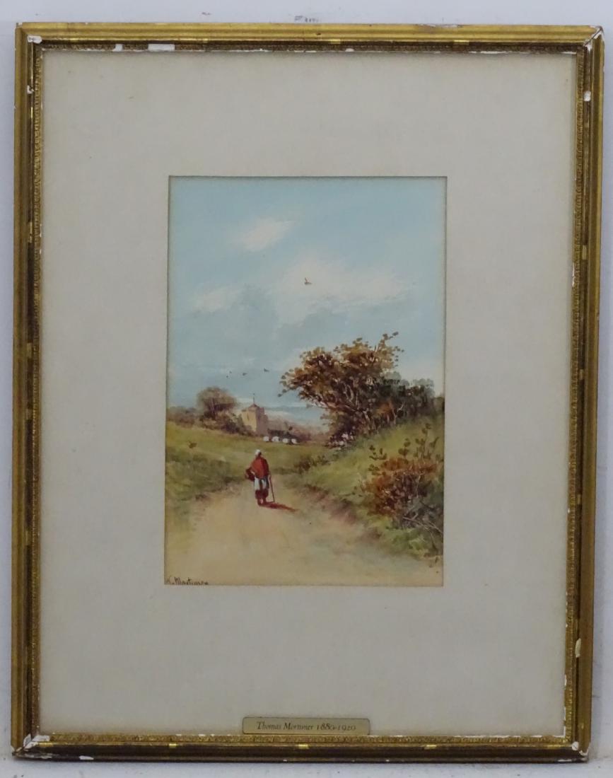 Thomas Mortimer (1880 - 1920), Watercolour, Figure: Thomas Mortimer (1880 - 1920), Watercolour, Figure walking down a country lane, Signed lower left and labelled under. Aperture 9 3/4 x 6 1/2''