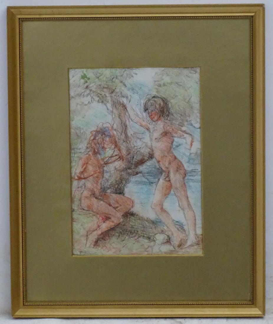 Manner of Henry Scott Tuke, Mixed media, Naked male: Manner of Henry Scott Tuke, Mixed media, Naked male figures by a river. 9 3/4 x 6 3/4''