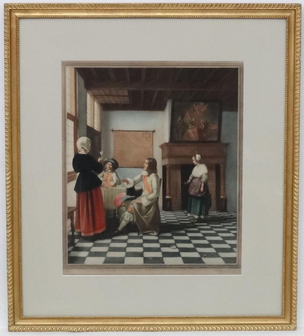 Clifford R James XIX-XX after Pieter De Hooch: Clifford R James XIX-XX after Pieter De Hooch (1629-1684), Signed mezzo tint , ' Interior of a Dutch House ' Bears blind stamp lower left and signed under lower left Image aperture 19 x 16''