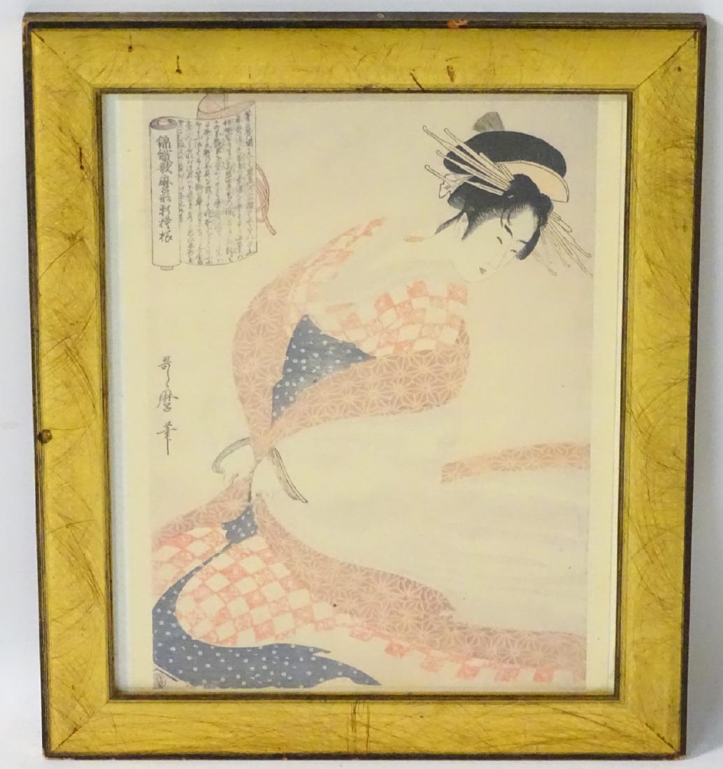 A print of an Ukiyo-e Japanese woodblock, Depicting a: A print of an Ukiyo-e Japanese woodblock, Depicting a scroll and female figure. Aperture 13 3/4 x 10 1/2''