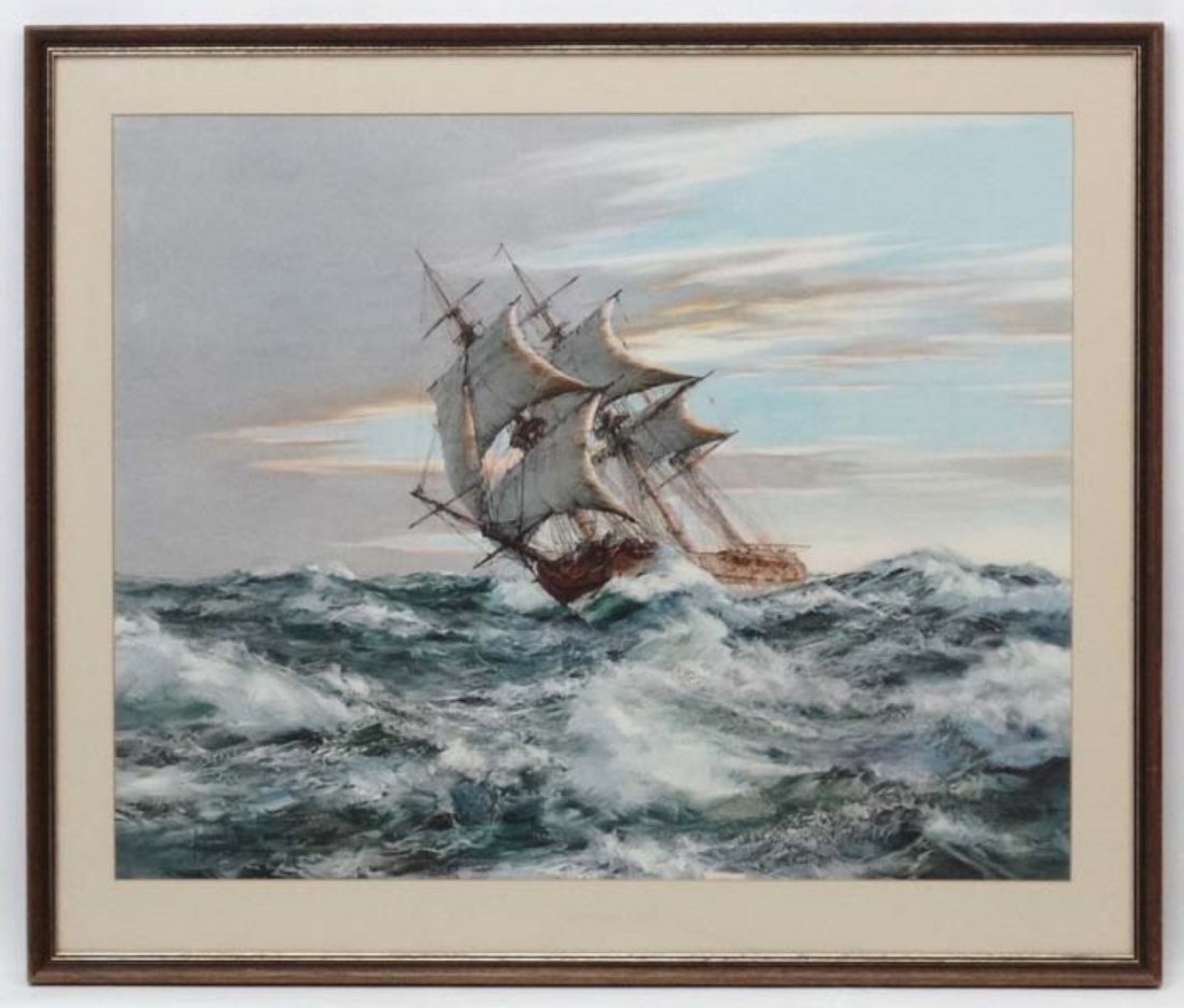After Montague Dawson (1895-1973), Coloured print, ': After Montague Dawson (1895-1973), Coloured print, ' Dawn Chase ' Bears facsimile signature lower left. Aperture 23 7/8 x 29 3/4''