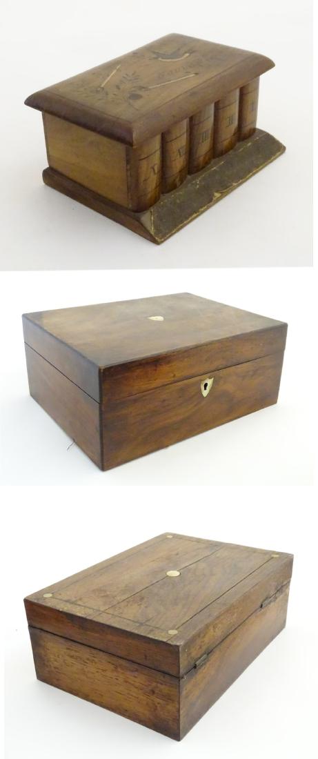 Three assorted 19 th C boxes : an inlaid Rosewood box: Three assorted 19 th C boxes : an inlaid Rosewood box with Mother - of - Pearl and pewter stringing , a walnut box with MOP shield shape escutcheon an inlay , an olive wood match keep box with striker