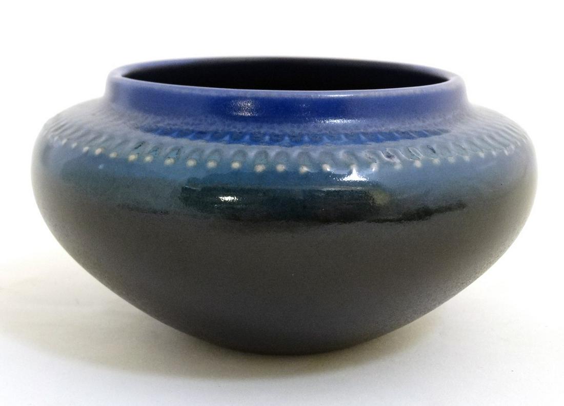 Scandinavian Pottery: A 1960s/70s Mari Simmulson style: Scandinavian Pottery: A 1960s/70s Mari Simmulson style for Upsala Ekeby , Sweden pottery bowl decorated in shades of blue and green with ridged detail, bears factory stamp to base. 3'' high.