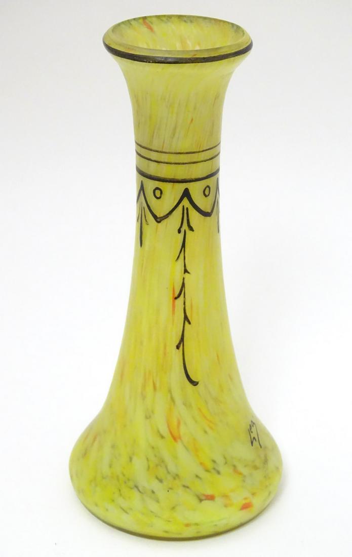 Auguste Legras: an Art Deco signed yellow marbled vase,: Auguste Legras: an Art Deco signed yellow marbled vase, with ground pontil scar and applied decoration to the exterior, 8 1/8'' high