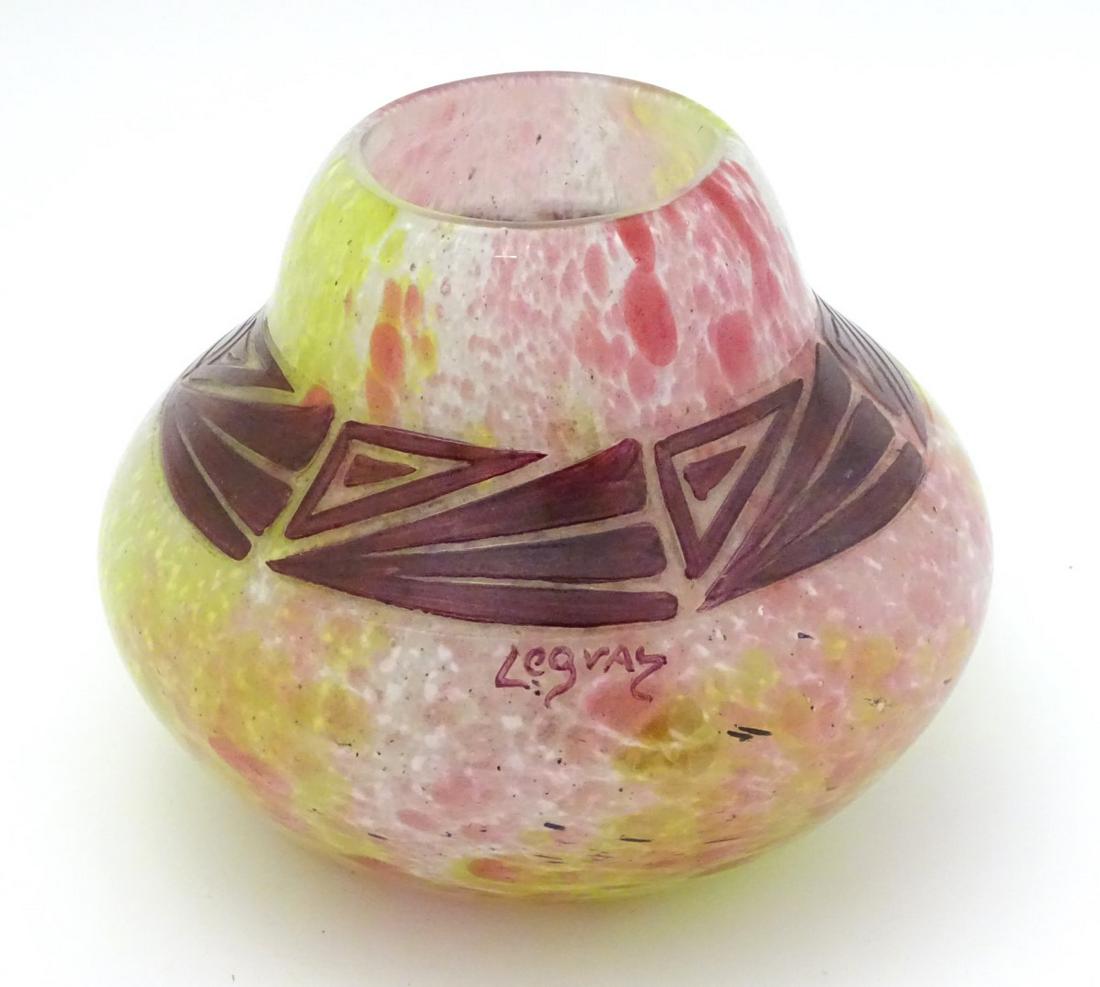 Auguste Legras glass: an Art Deco signed shaped vase,: Auguste Legras glass: an Art Deco signed shaped vase, with cameo cut band and marbled glass finish. 6 1/2'' diameter x 5'' high.