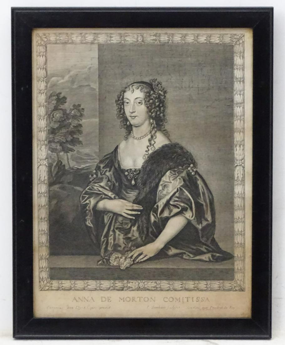 P Lombart, after Antony Van Dyck, c.1660, Mezzotint /: P Lombart, after Antony Van Dyck, c.1660, Mezzotint / Copper engraving, ''Countess Anna De Morton'', Aperture 14 x 10 1/2''