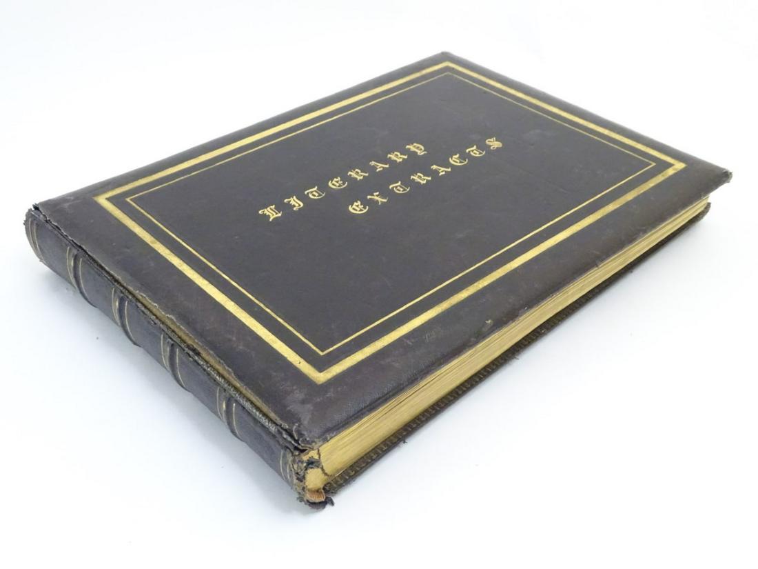 A Victorian scrap album bound in leather with marbled: A Victorian scrap album bound in leather with marbled boards, containing a number of c1890 newspaper cuttings, and a variety of decoupage.