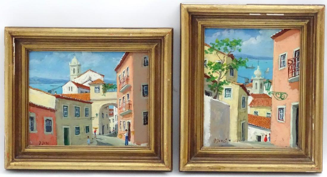 Manuel Jorge, XX, Spanish, Oil on copper, a pair,: Manuel Jorge, XX, Spanish, Oil on copper, a pair, Spanish coastal town views, Signed lower left and labelled verso. Both varices of 8 x 6 1/2''