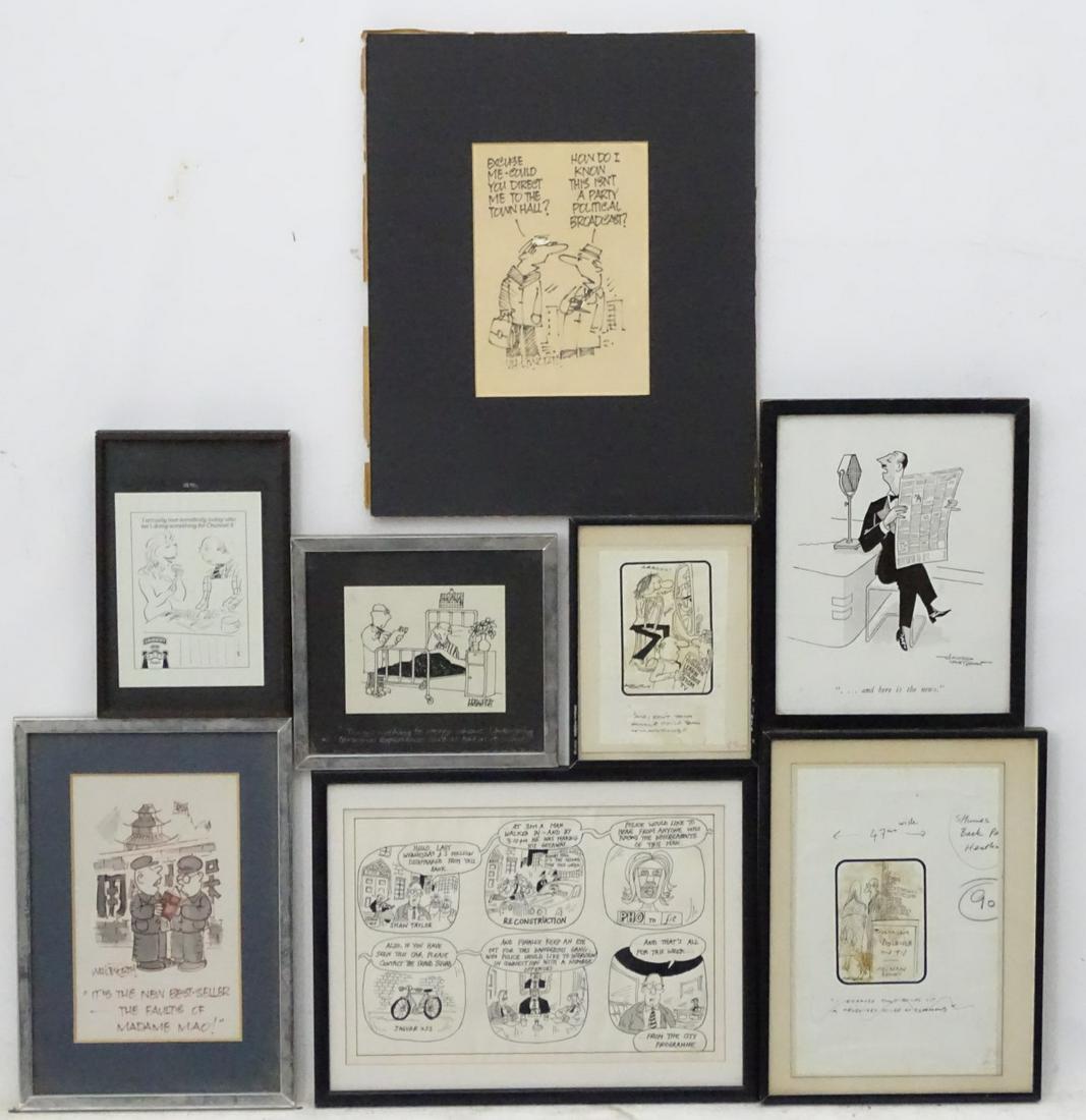 Political and Editorial Newspaper cartoons, to include: Political and Editorial Newspaper cartoons, to include felt pen, pen ink, watercolour, gouache, and prints. x9, 1. James Whitworth, original, 'Its the new best-seller - The faults of Madame Mao', 2. D